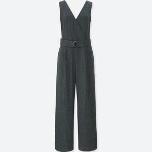 Uniqlo Ponte Wrap Jumpsuit in grey pinstripe
